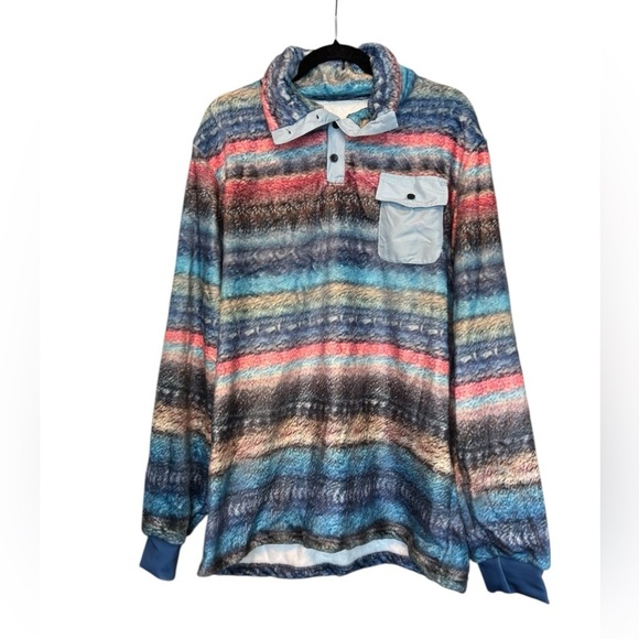 NWT Mens Colorful Stripe Snap Neck Fleece Chest Pocket Super Soft Size XL - Picture 4 of 4